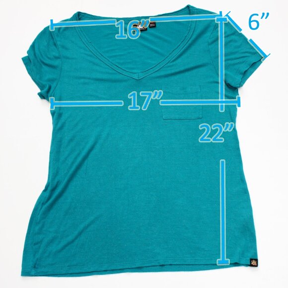 Rock & Republic Distressed V Neck Blouse Medium Green Short Sleeve Shimmer Bits - Picture 3 of 5